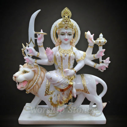 White Marble Durga Maa Statue with Ornate Golden Detailing