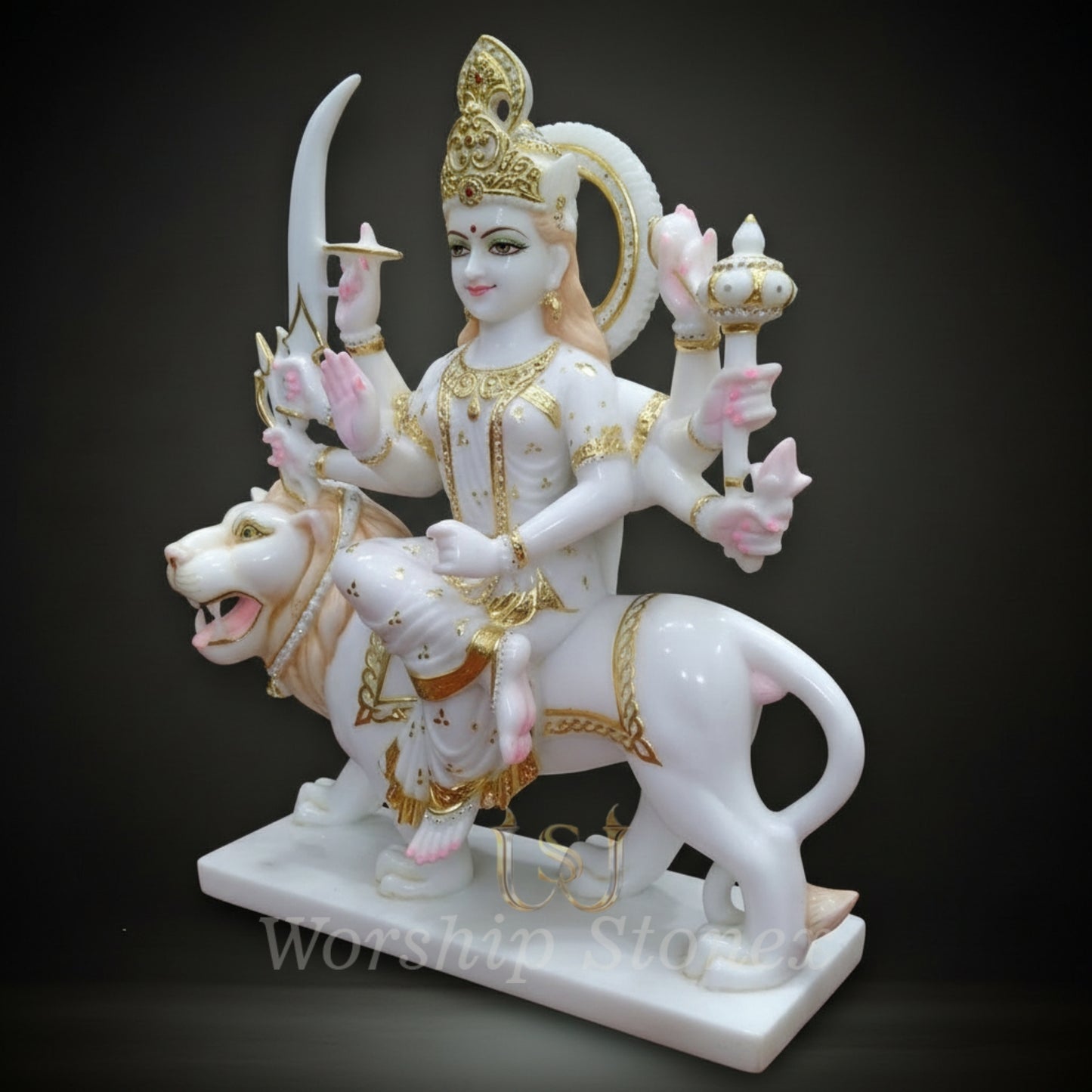 White Marble Durga Maa Statue with Ornate Golden Detailing