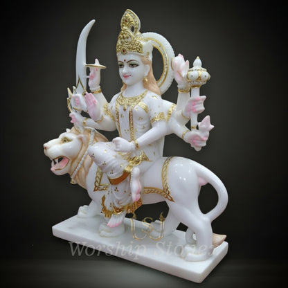 White Marble Durga Maa Statue with Ornate Golden Detailing