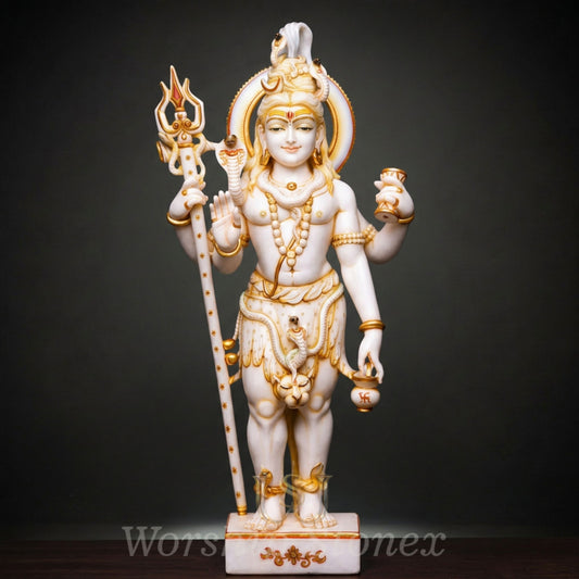White Marble Standing Shiva Statue with Golden Handcrafted Detailing