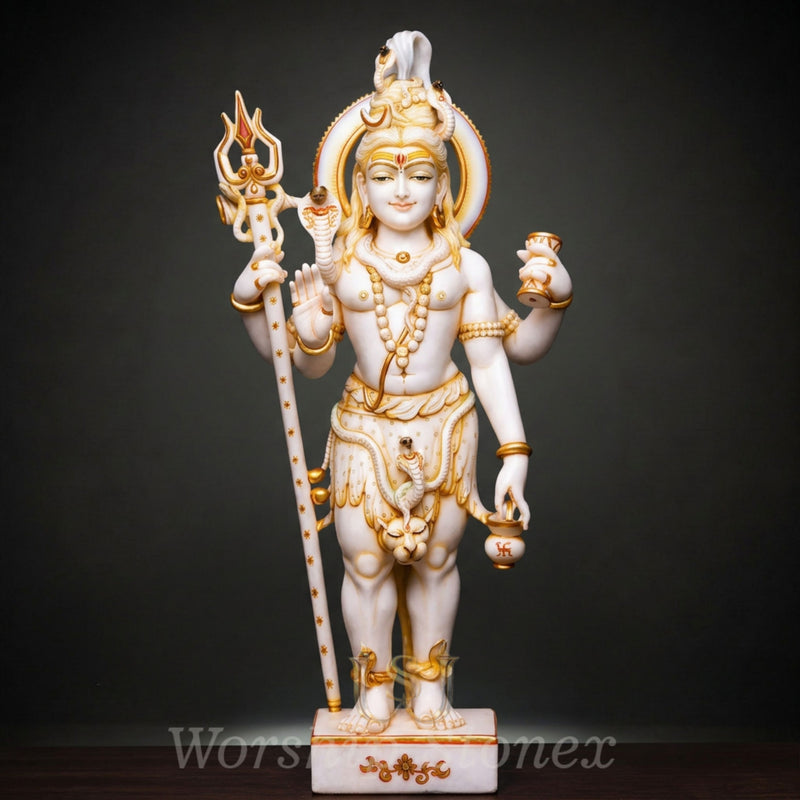 White Marble Standing Shiva Statue with Golden Handcrafted Detailing