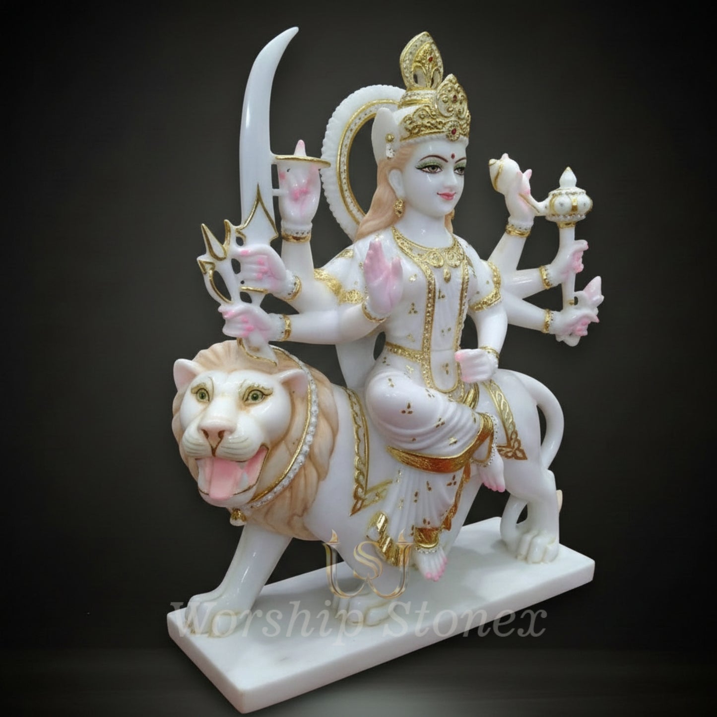 White Marble Durga Maa Statue with Ornate Golden Detailing