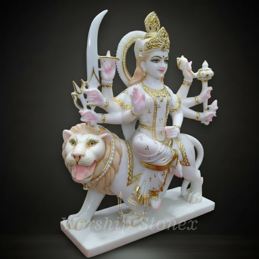 White Marble Durga Maa Statue with Ornate Golden Detailing