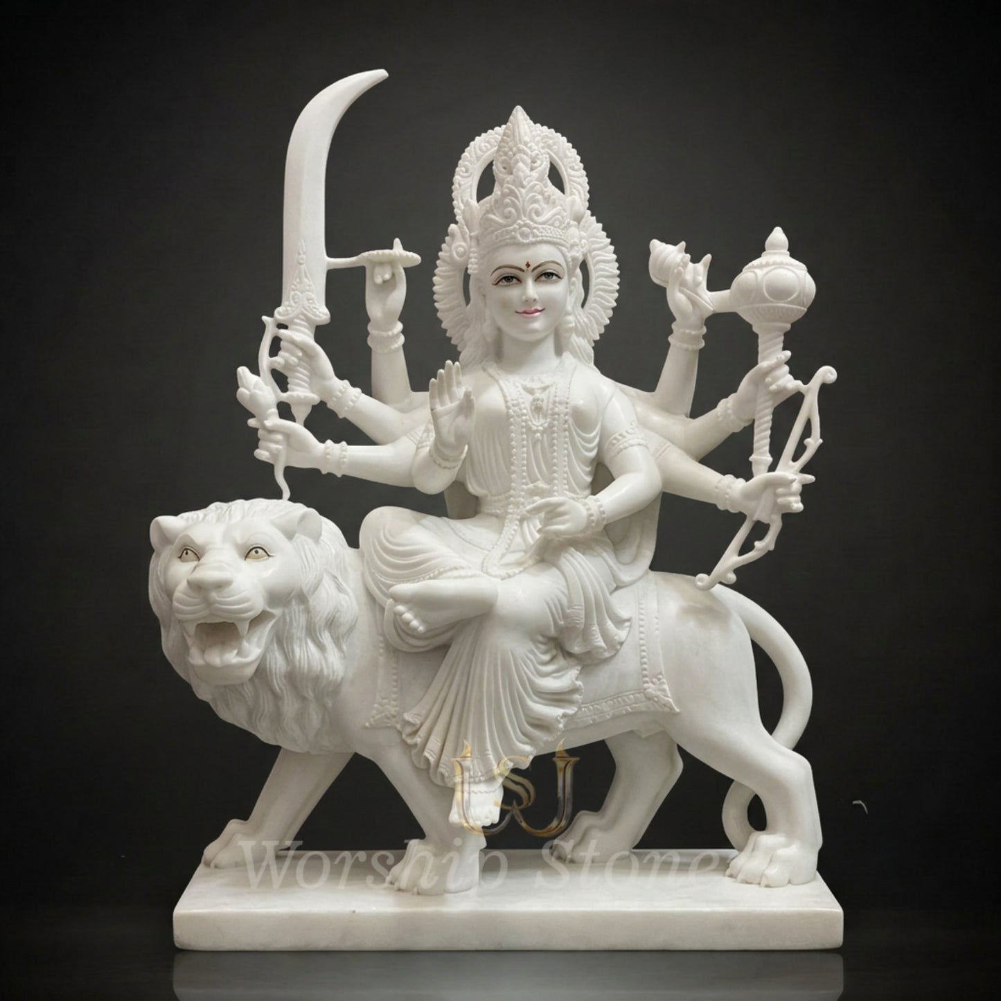 Premium White Marble Durga Maa Statue - Handcrafted Sheravali Mata Murti for Home Mandir