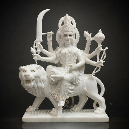 Premium White Marble Durga Maa Statue - Handcrafted Sheravali Mata Murti for Home Mandir
