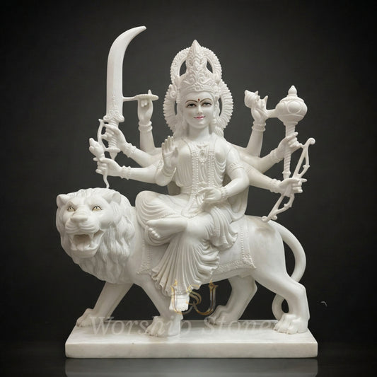 Premium White Marble Durga Maa Statue - Handcrafted Sheravali Mata Murti for Home Mandir