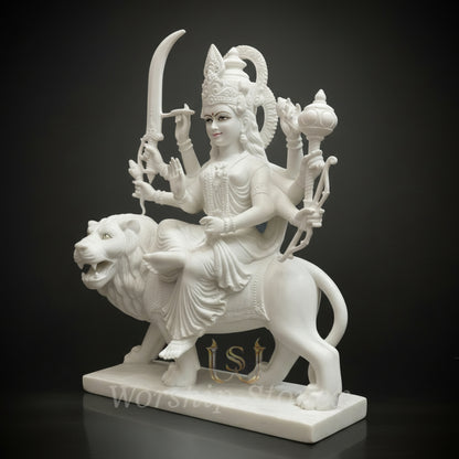 Premium White Marble Durga Maa Statue - Handcrafted Sheravali Mata Murti for Home Mandir