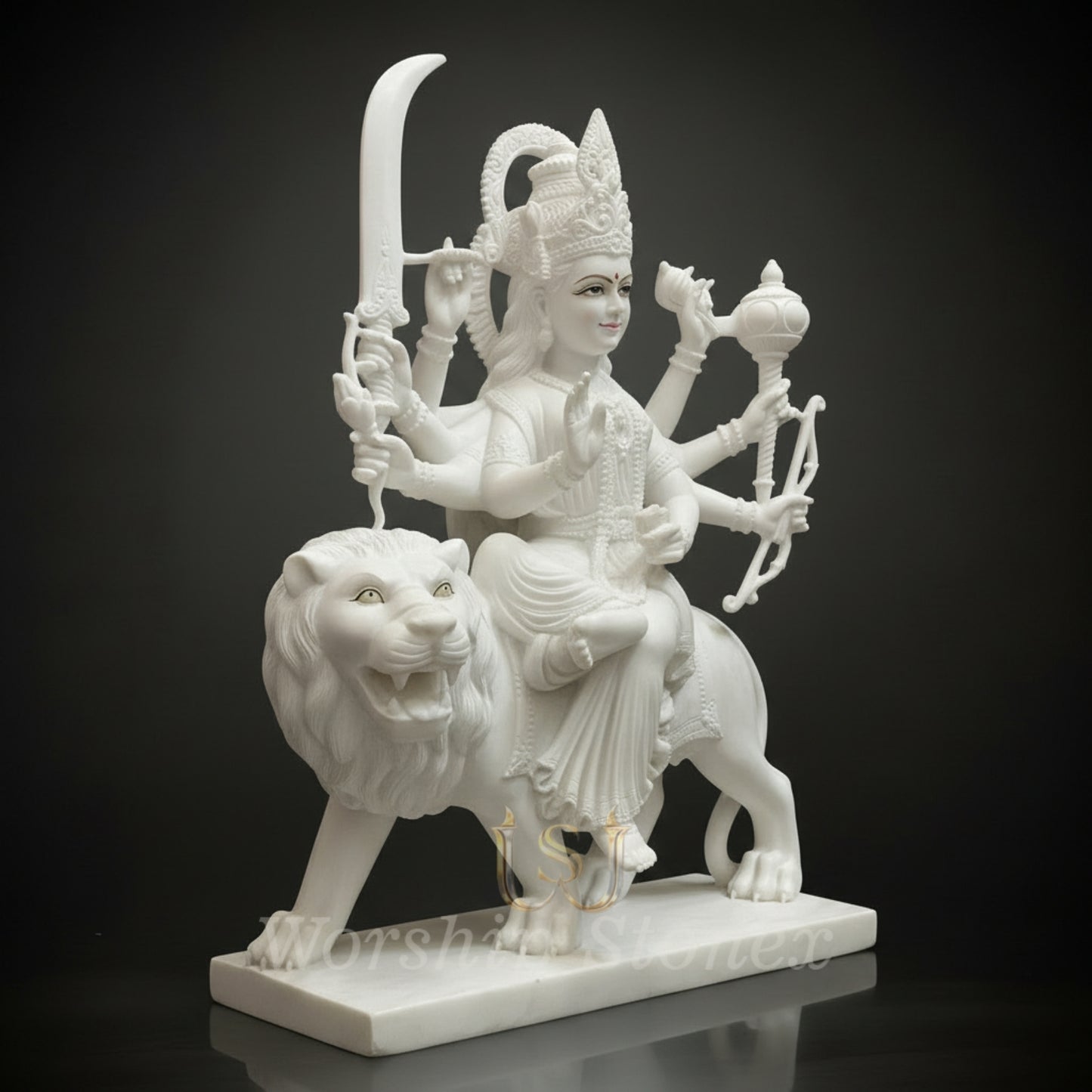Premium White Marble Durga Maa Statue - Handcrafted Sheravali Mata Murti for Home Mandir