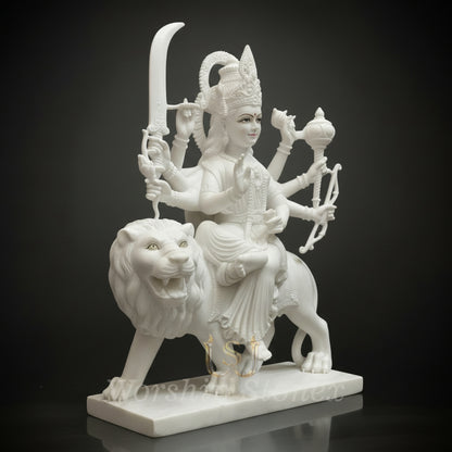 Premium White Marble Durga Maa Statue - Handcrafted Sheravali Mata Murti for Home Mandir