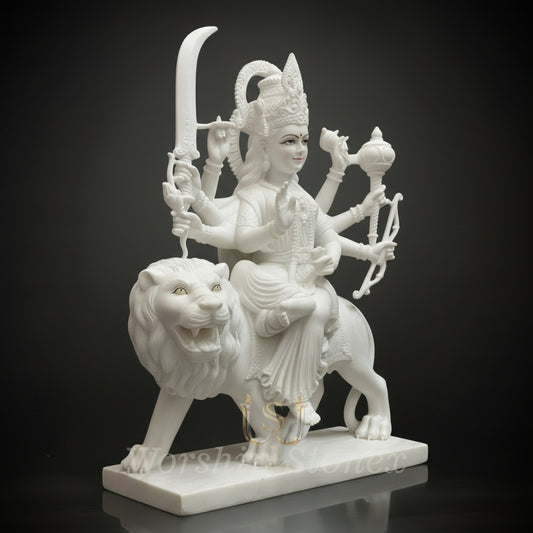 Premium White Marble Durga Maa Statue - Handcrafted Sheravali Mata Murti for Home Mandir