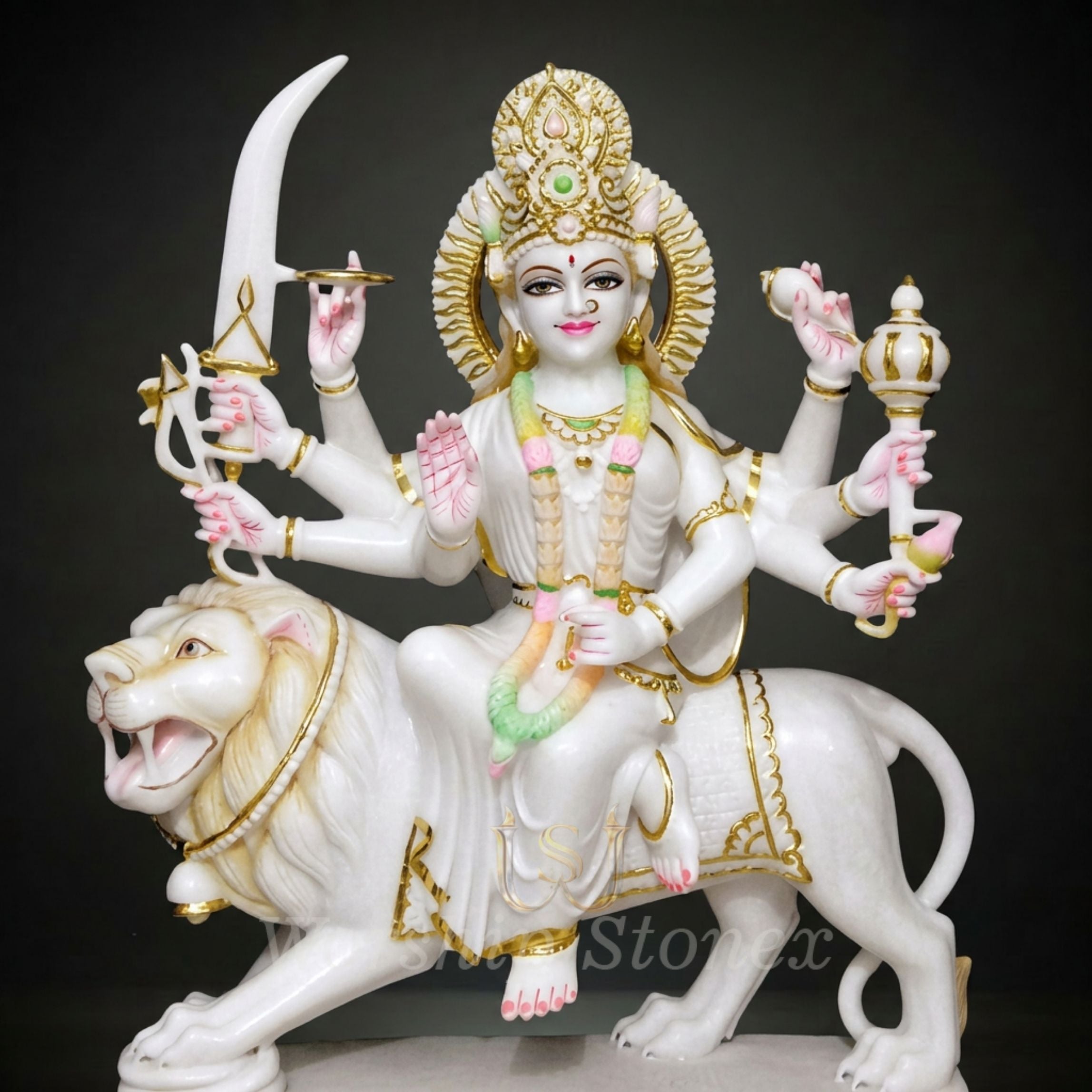 White Marble Durga Maa Statue on Lion with Gold Accents