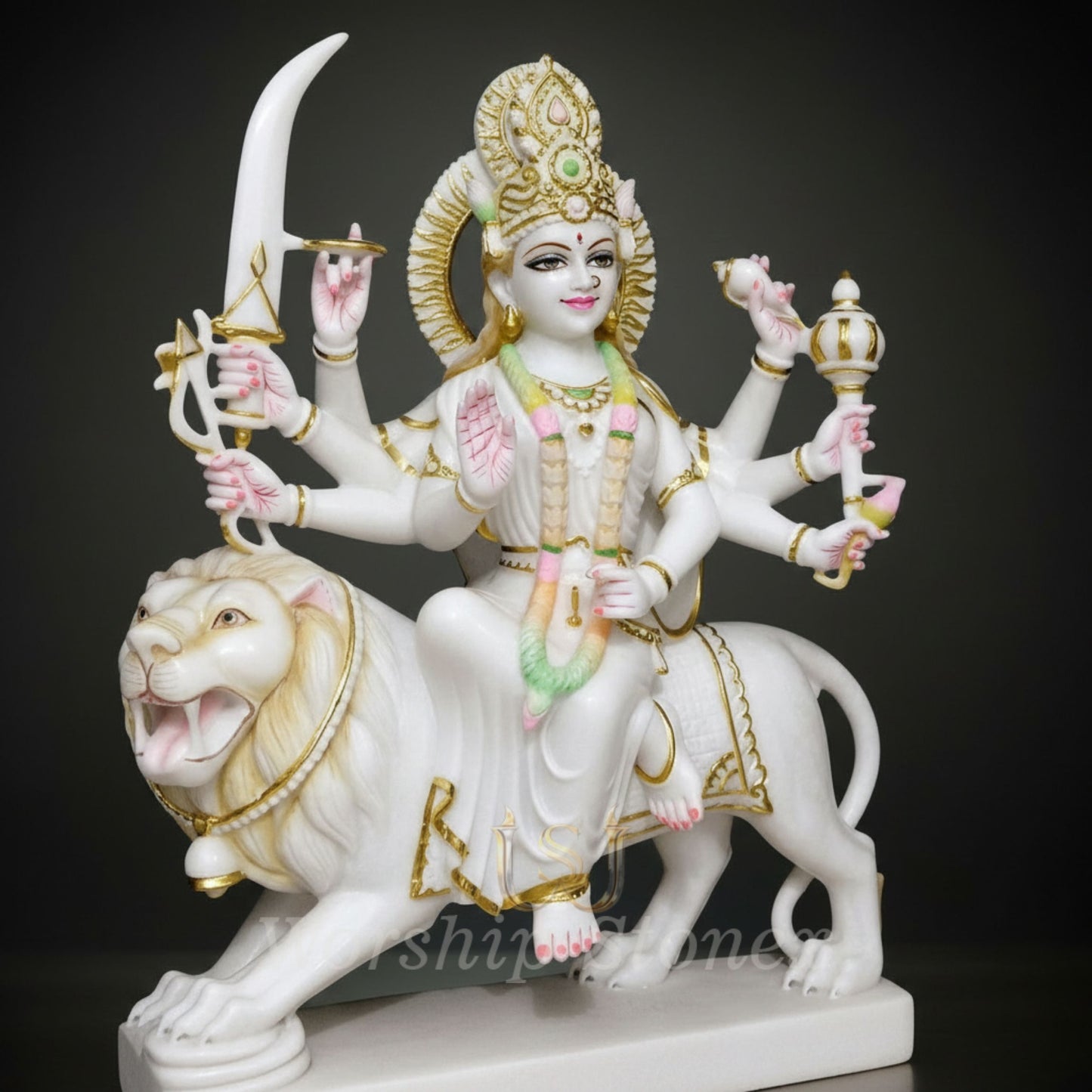 White Marble Durga Maa Statue on Lion with Gold Accents