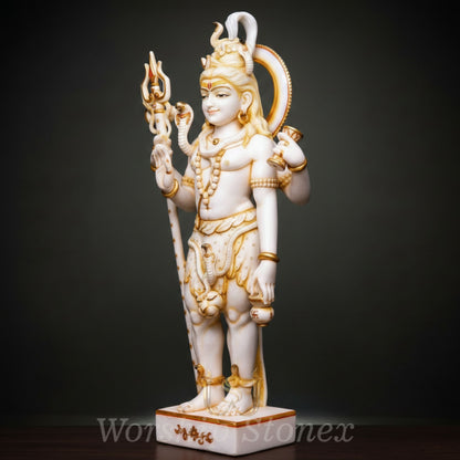 White Marble Standing Shiva Statue with Golden Handcrafted Detailing