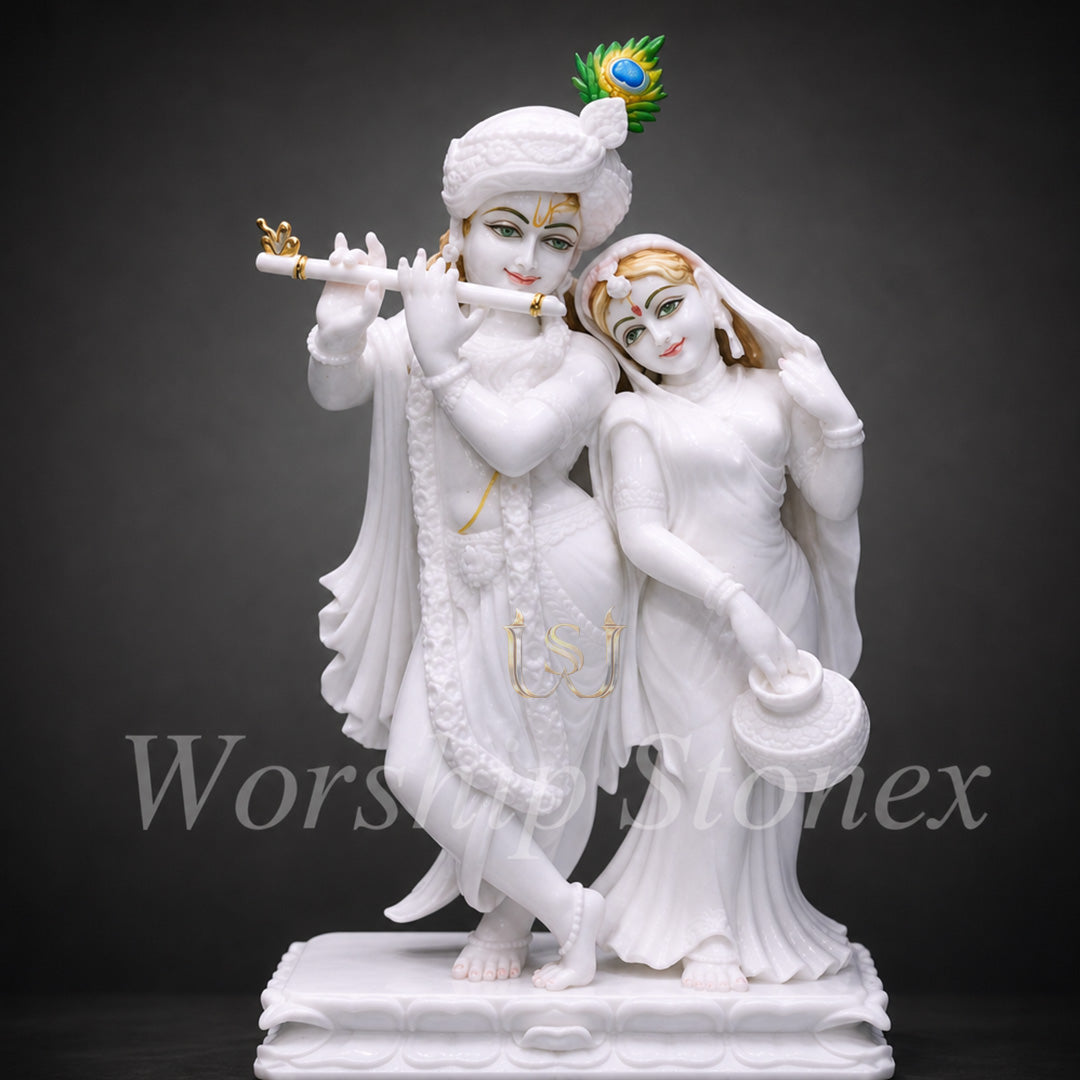 Pure White Makrana Marble Radha Krishna Murti with Hand-Painted Details