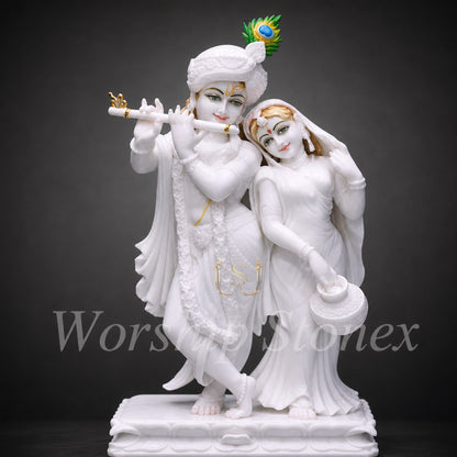 Pure White Makrana Marble Radha Krishna Murti with Hand-Painted Details