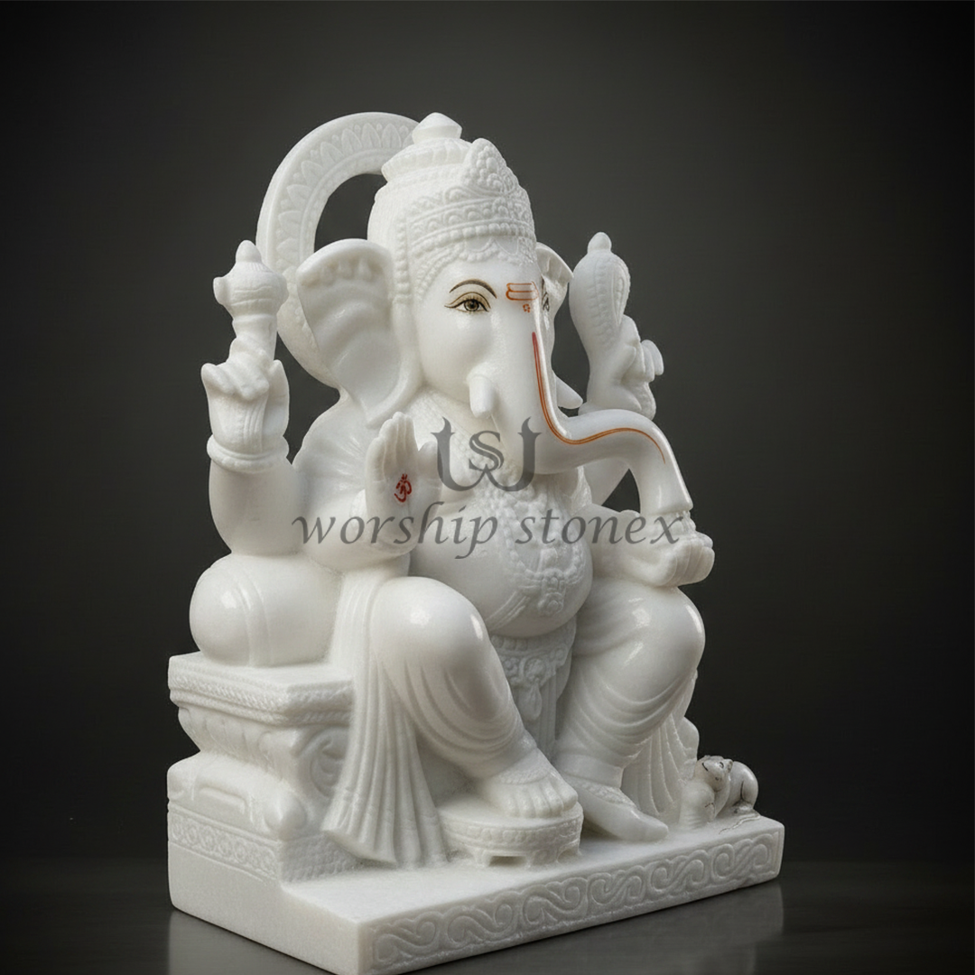 Handcrafted White Marble Lord Ganesha Idol – Premium Ganpati Murti for Home Temple
