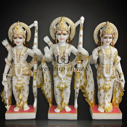 Premium White Marble Ram Darbar Statue Set with Heavy Gold Zari Work