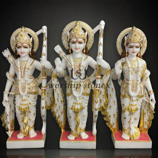 Premium White Marble Ram Darbar Statue Set with Heavy Gold Zari Work