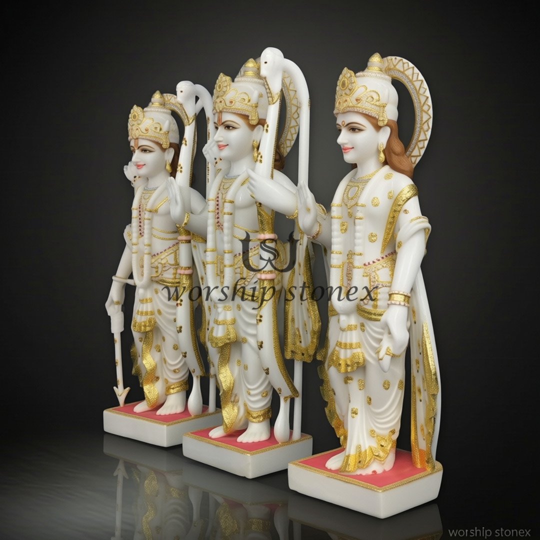 Premium White Marble Ram Darbar Statue Set with Heavy Gold Zari Work