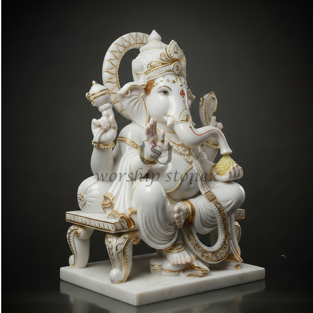Divine White & Gold Marble Ganesha Idol - Elegant Lord Ganesha Sculpture for Vastu & Gifting