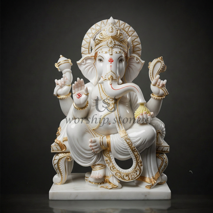 Divine White & Gold Marble Ganesha Idol - Elegant Lord Ganesha Sculpture for Vastu & Gifting