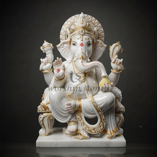 Divine White & Gold Marble Ganesha Idol - Elegant Lord Ganesha Sculpture for Vastu & Gifting