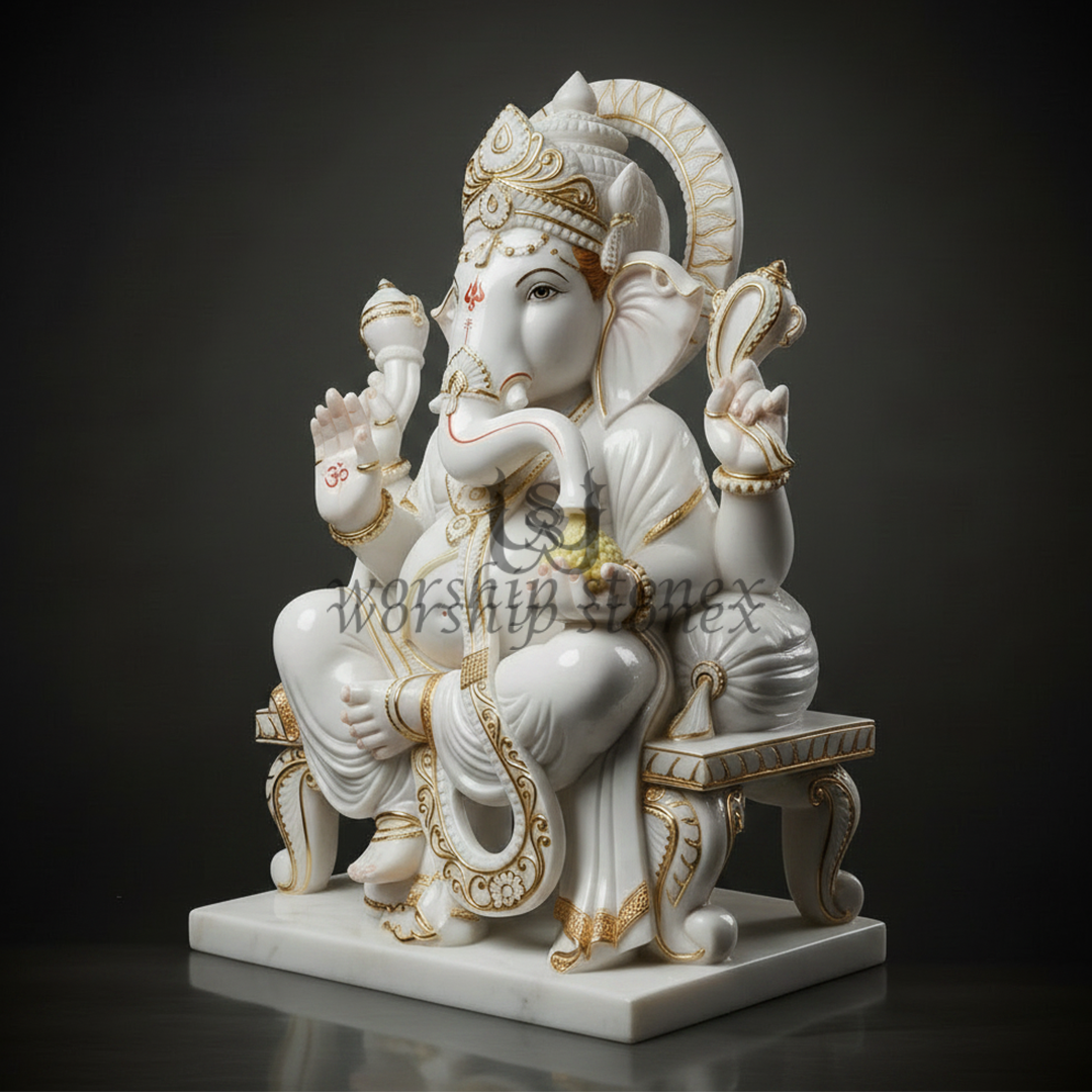 Divine White & Gold Marble Ganesha Idol - Elegant Lord Ganesha Sculpture for Vastu & Gifting