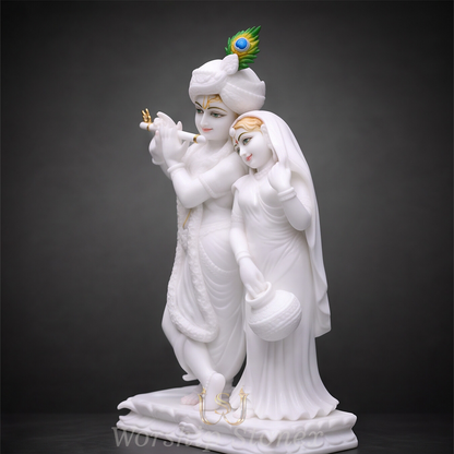 Pure White Makrana Marble Radha Krishna Murti with Hand-Painted Details