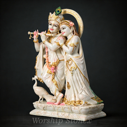 White Marble Radha Krishna Statue with Golden Work & Carved Peacocks