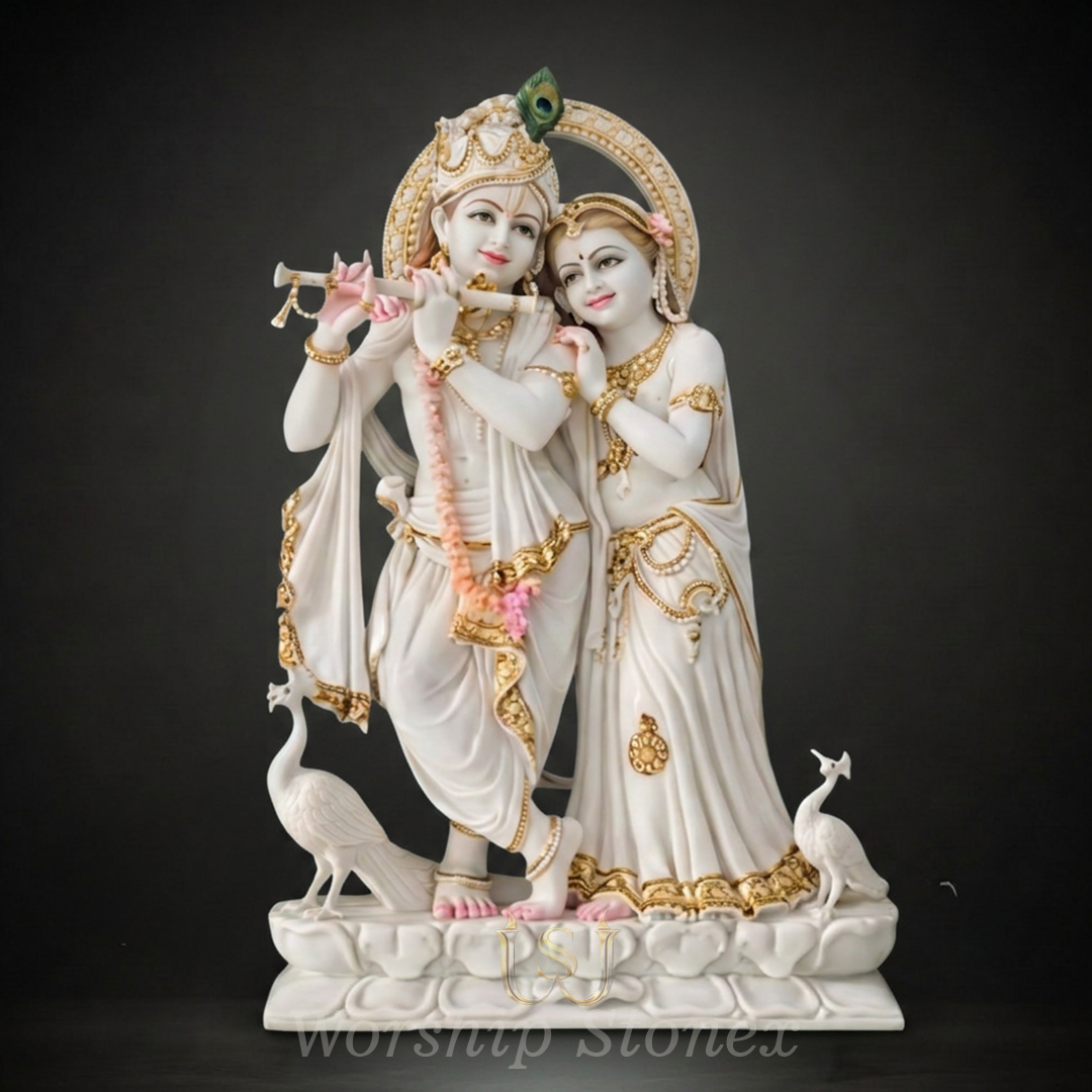White Marble Radha Krishna Statue with Golden Work & Carved Peacocks