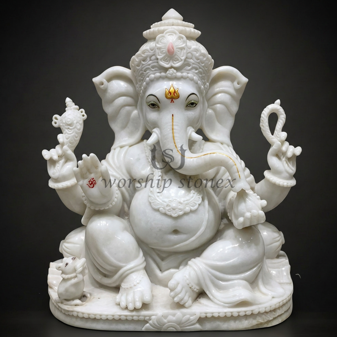 Premium White Marble Lord Ganesha Idol – Handcrafted Ganpati Murti for Home Temple