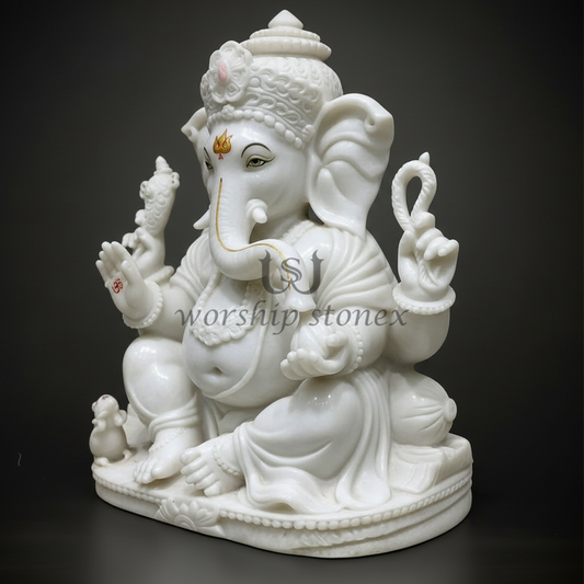 Premium White Marble Lord Ganesha Idol – Handcrafted Ganpati Murti for Home Temple