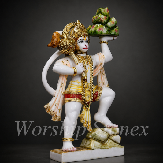 White Marble Lord Hanuman with Mountain (Sanjeevani) Divine Handcrafted Statue