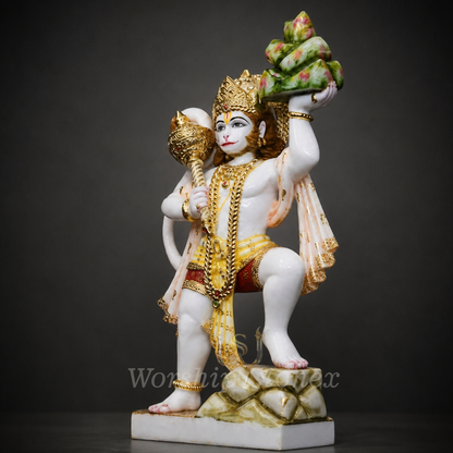 White Marble Lord Hanuman with Mountain (Sanjeevani) Divine Handcrafted Statue