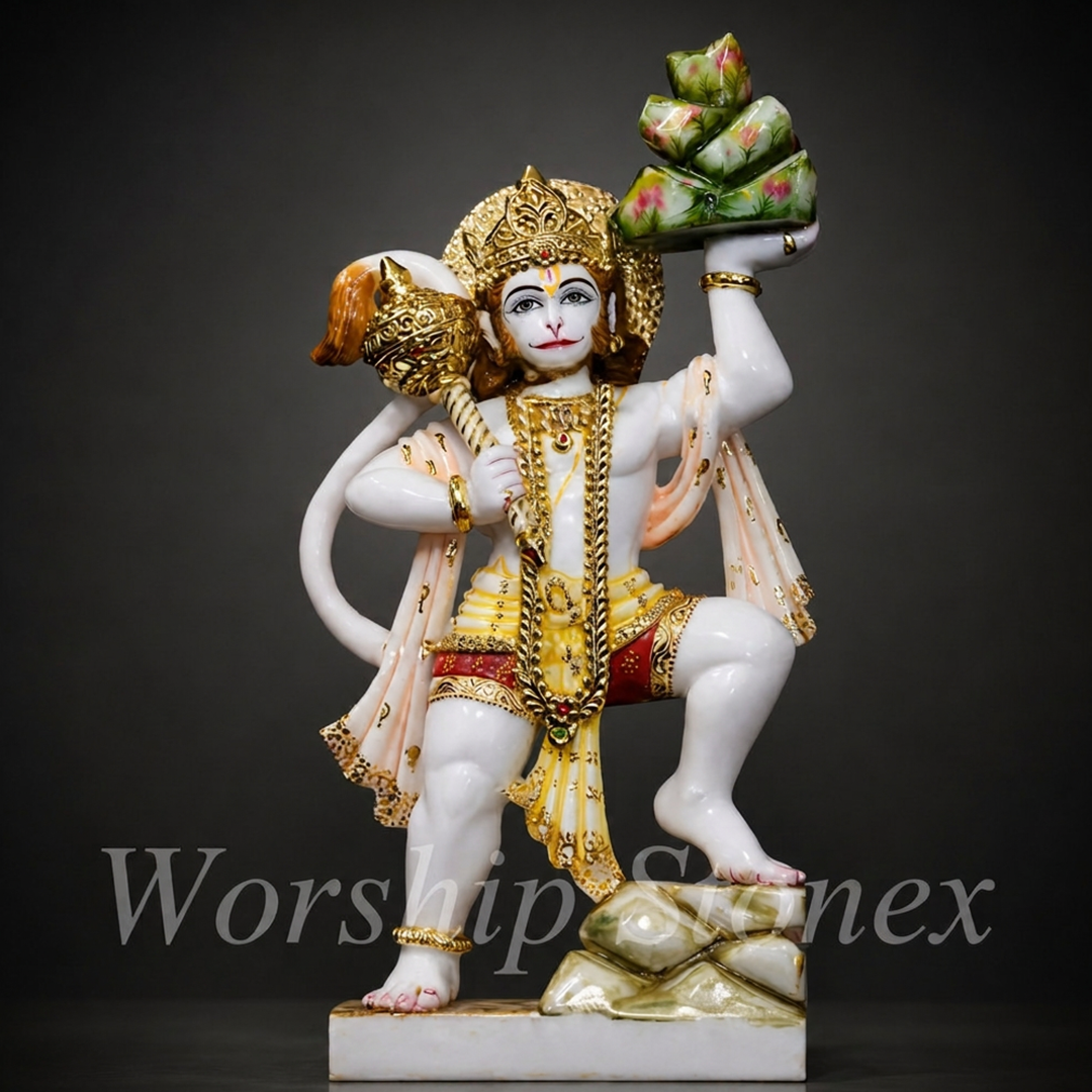 White Marble Lord Hanuman with Mountain (Sanjeevani) Divine Handcrafted Statue