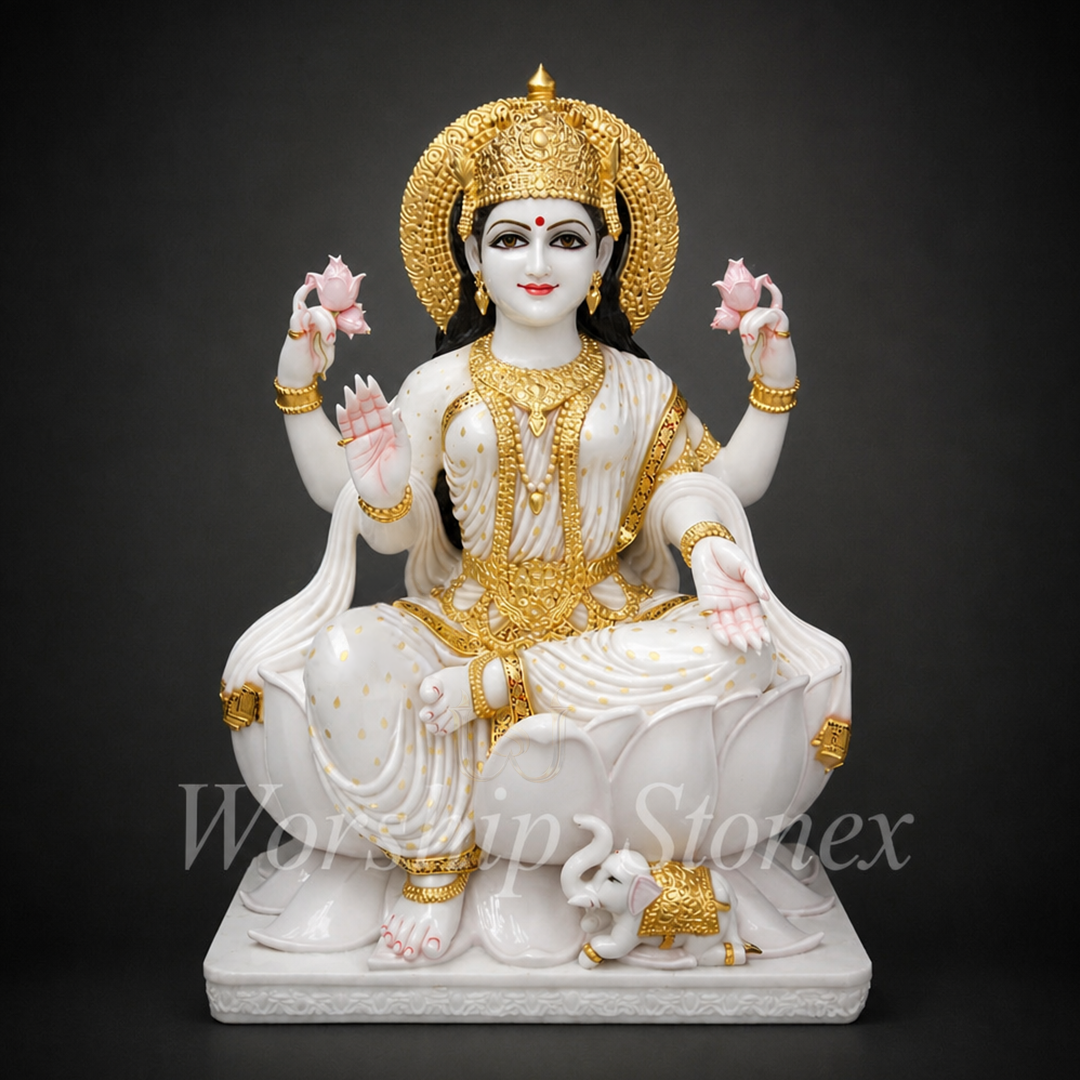 Exquisite White Marble Goddess Lakshmi Statue with Ornate Gold Jewelry