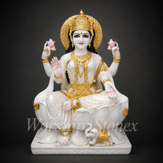 Exquisite White Marble Goddess Lakshmi Statue with Ornate Gold Jewelry