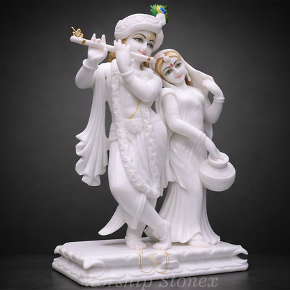 Pure White Makrana Marble Radha Krishna Murti with Hand-Painted Details