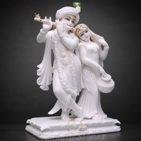 Pure White Makrana Marble Radha Krishna Murti with Hand-Painted Details