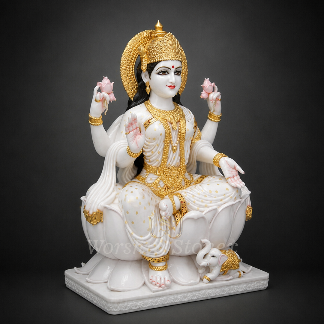 Exquisite White Marble Goddess Lakshmi Statue with Ornate Gold Jewelry
