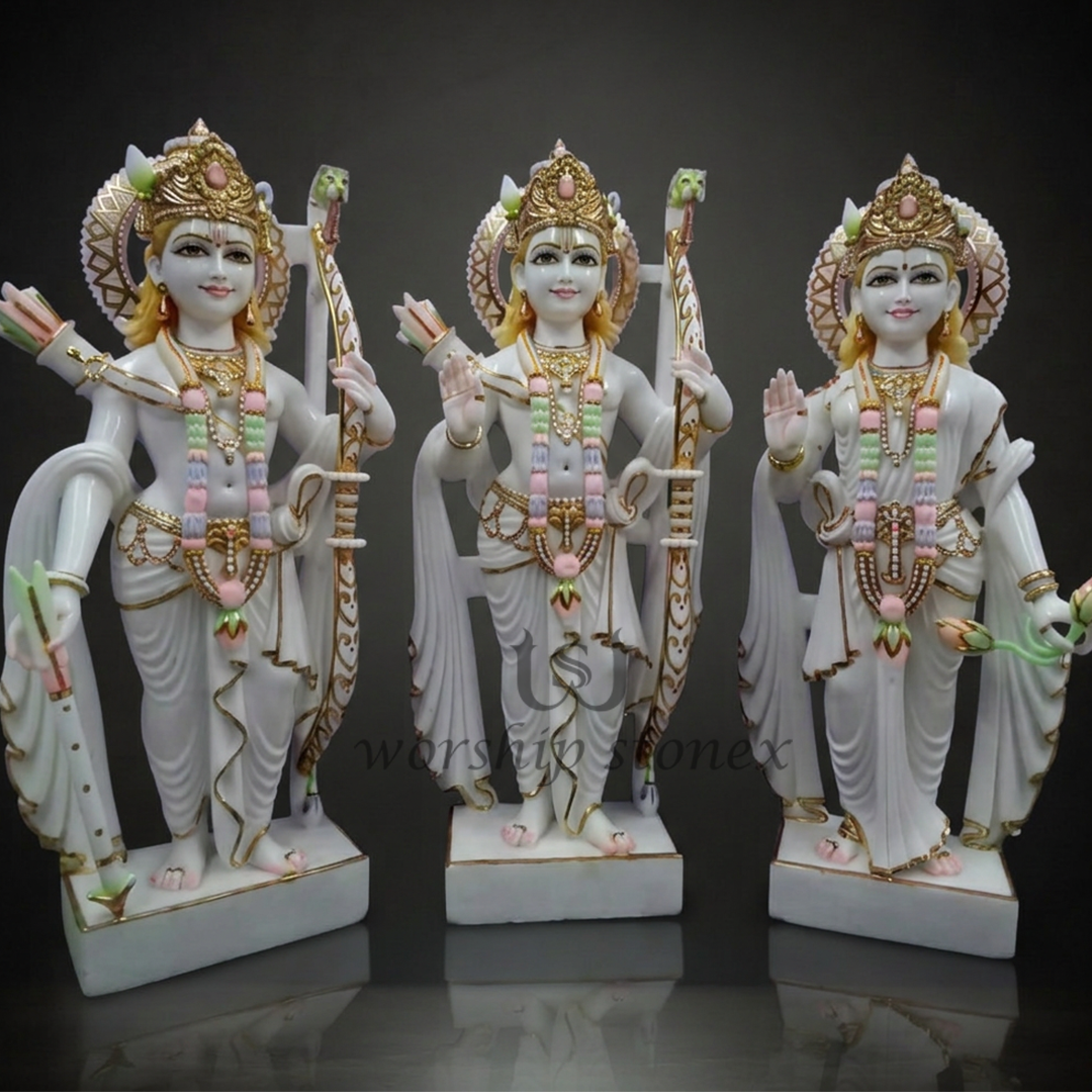 Premium Marble Ram Darbar Statue Set – Hand-Painted Ram, Laxman & Sita Idols