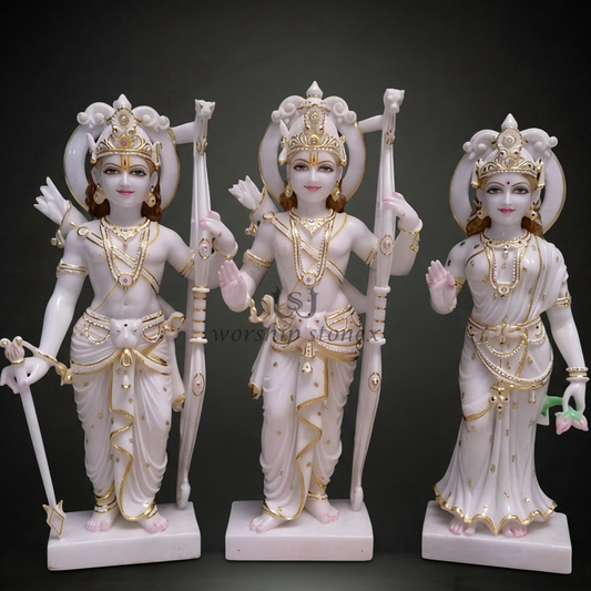 Elegant White Marble Ram Darbar 3-Piece Statue Set with Golden Accents