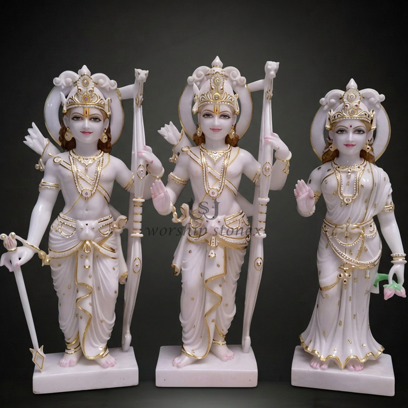 Elegant White Marble Ram Darbar 3-Piece Statue Set with Golden Accents