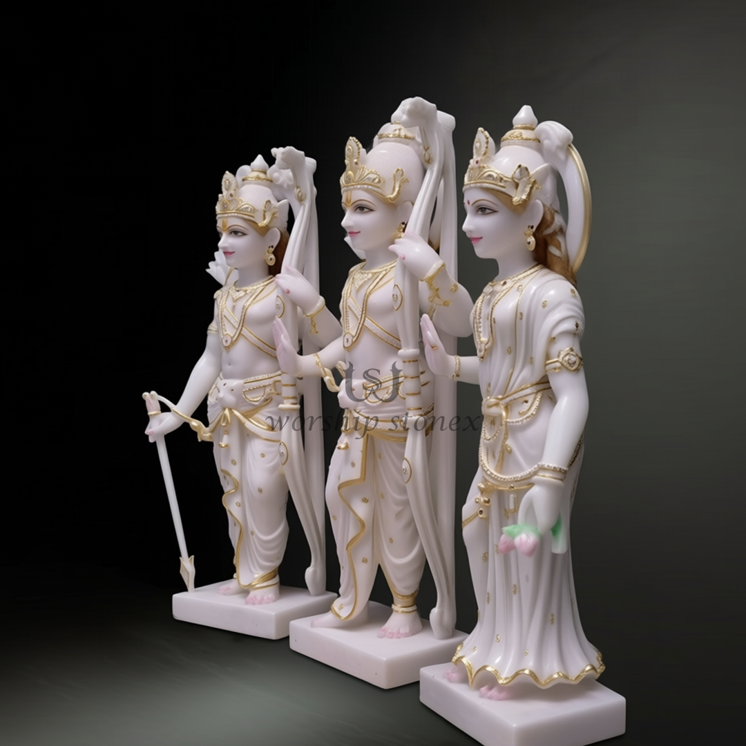 Elegant White Marble Ram Darbar 3-Piece Statue Set with Golden Accents