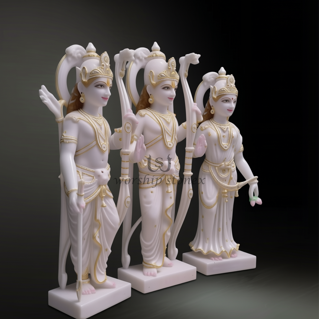 Elegant White Marble Ram Darbar 3-Piece Statue Set with Golden Accents