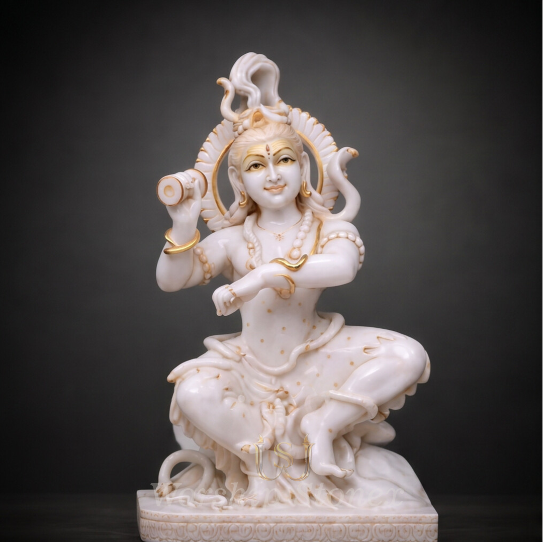 White Marble Nataraja Shiva Statue with Elegant Golden Detailing