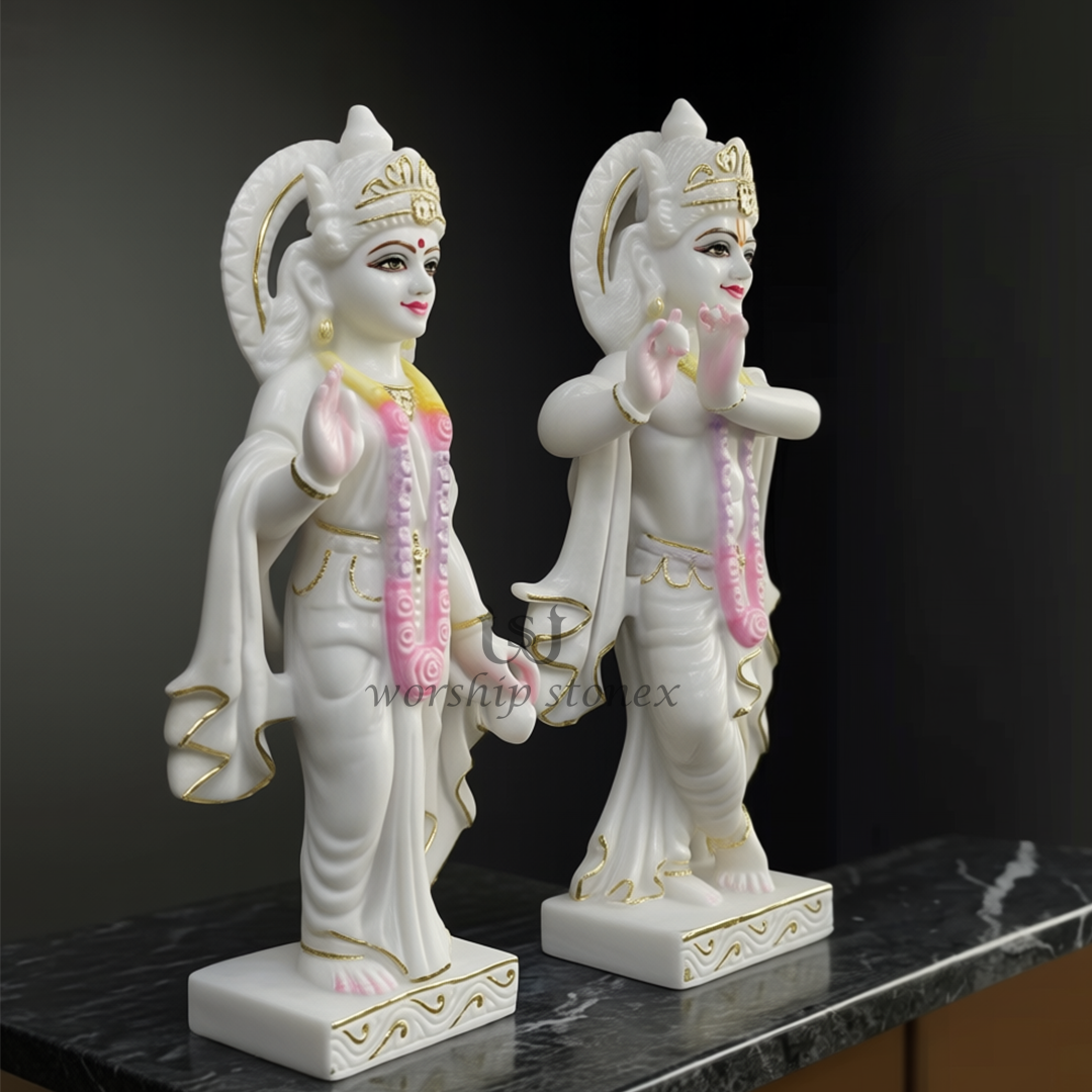 White Marble Radha Krishna Statue Set with Sleek Gold Borders