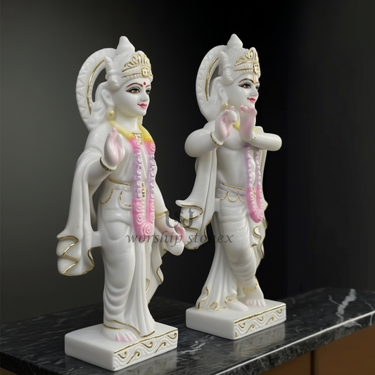White Marble Radha Krishna Statue Set with Sleek Gold Borders