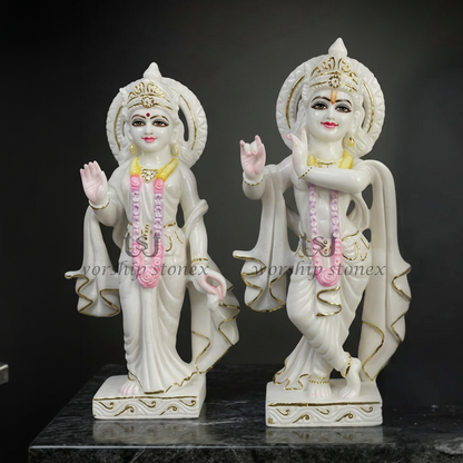 White Marble Radha Krishna Statue Set with Sleek Gold Borders