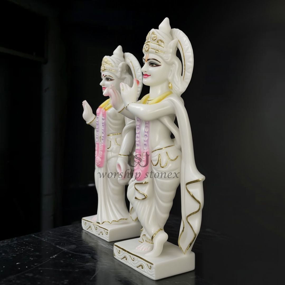 White Marble Radha Krishna Statue Set with Sleek Gold Borders